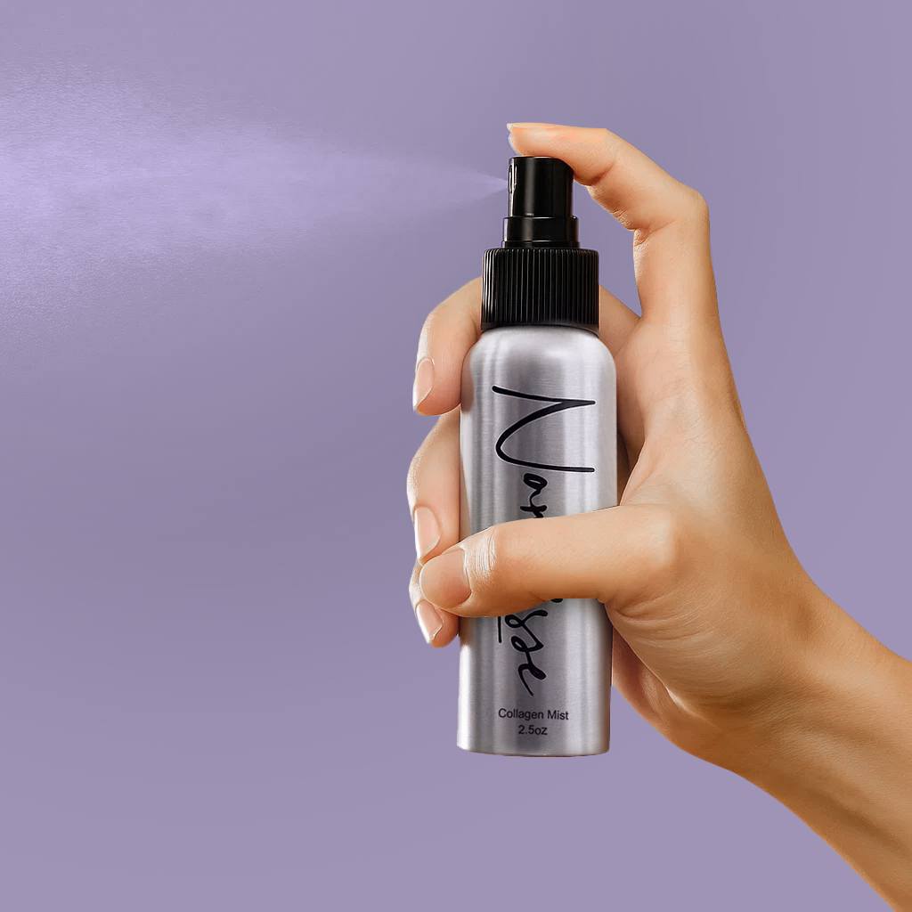 Hand holding and spraying NanoLisse collagen mist bottle against a purple background, showing a fine hydrating mist for refreshed, glowing skin.