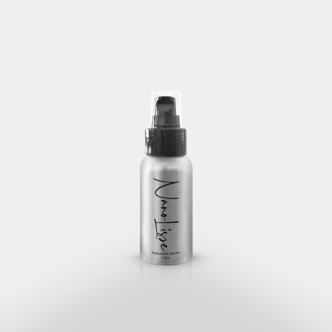 Silver Nanolisse Hyaluronic Serum bottle with pump on a gray background; product photo of the best hyaluronic serum.