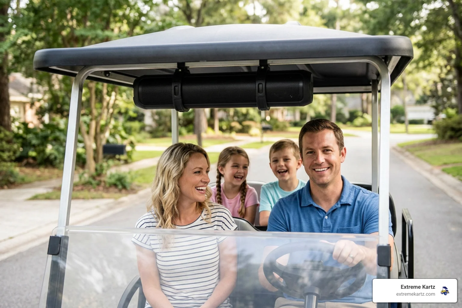 family riding in a golf cart with a mounted soundbar under the roof