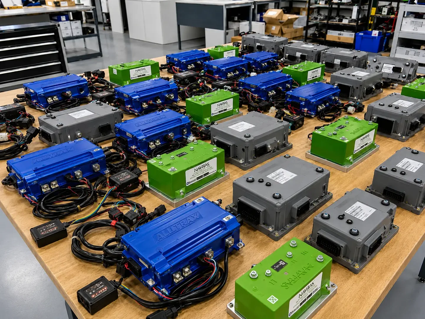 golf cart controllers laid out on a workbench in an golf cart repair shop