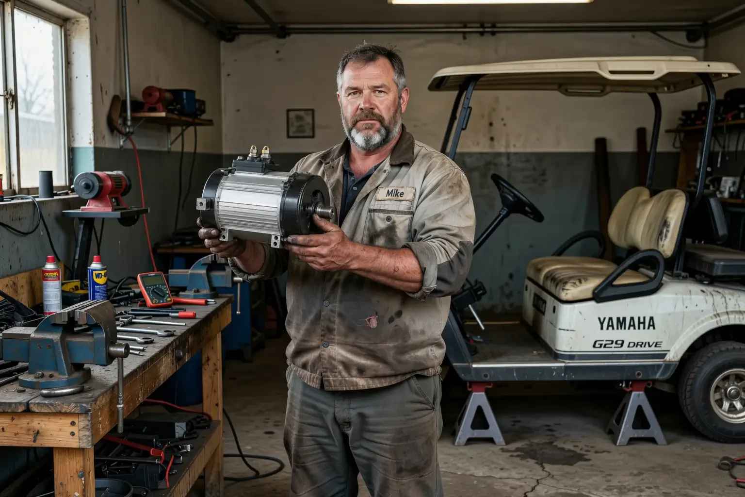 Mechanic installing a high-speed electric motor in a Yamaha G29 chassis - Yamaha G29 performance Mechanic installing a high-speed electric motor in a Yamaha G29 chassis - Yamaha G29 performance