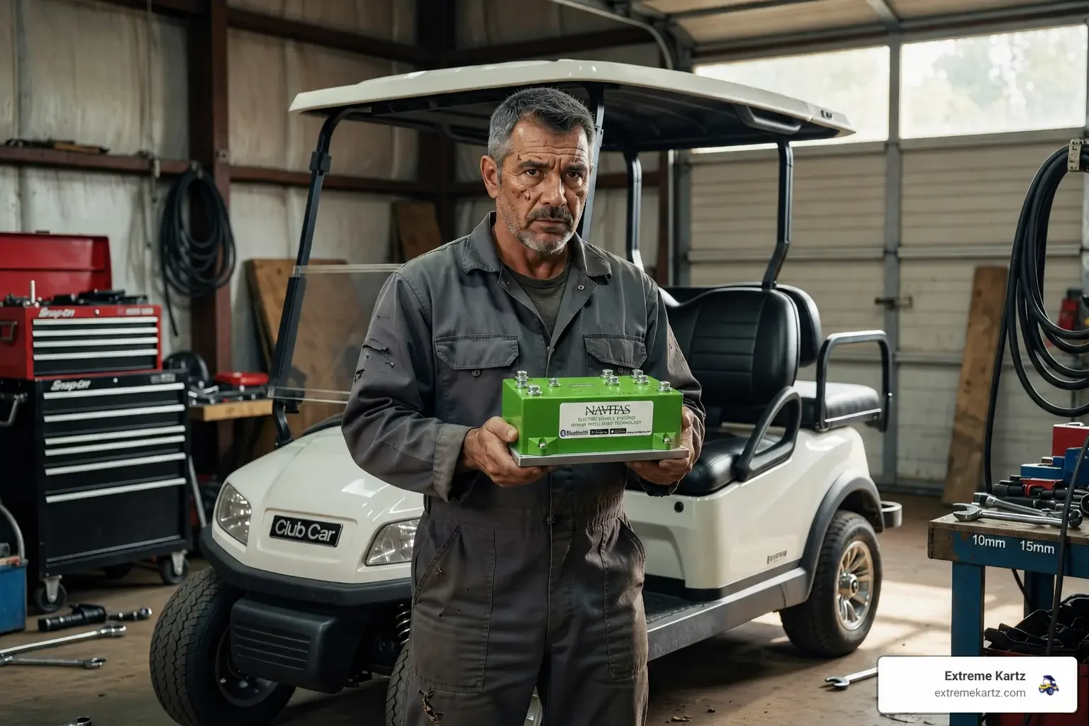 A mechanic holding a Navitas controller in front of a Club Car Golf Cart in a Golf Cart Repair Shop 