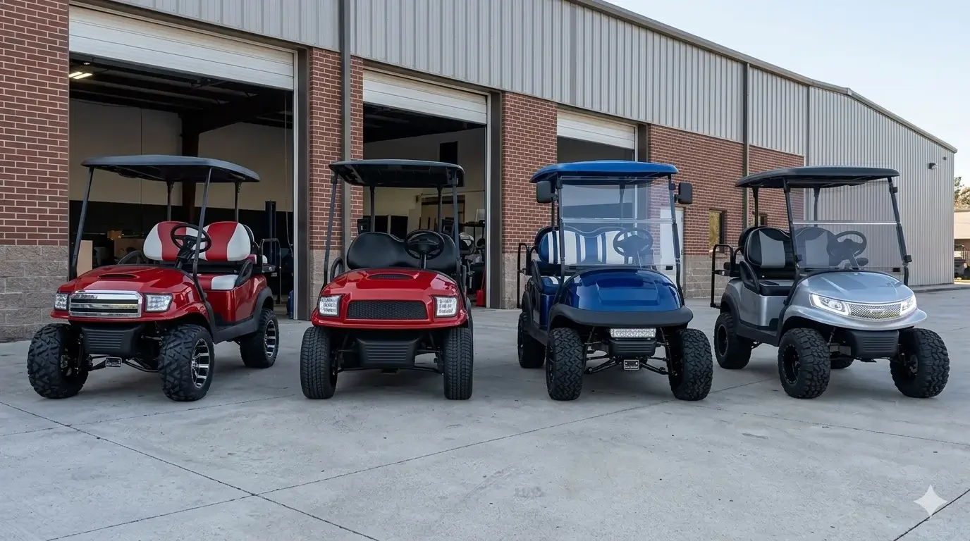 A line up of sleek, customized Club Car Precedent featuring a high-gloss metallic blue body kit, parked on a lot in front of a garage