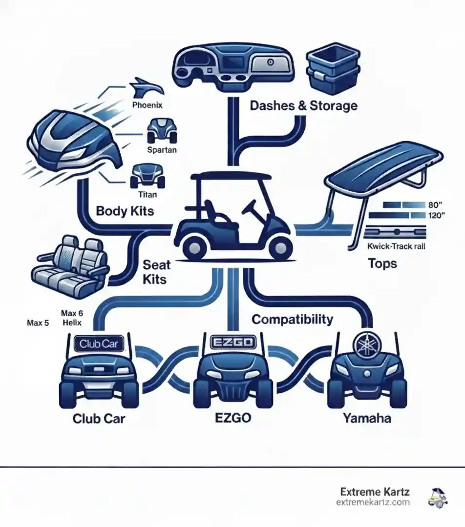 infographic showing doubletake customizable parts including body kits seat kits tops dashes storage and accessories with compatibility for club car ezgo and yamaha models - Double Take Golf Cart Parts infographic 