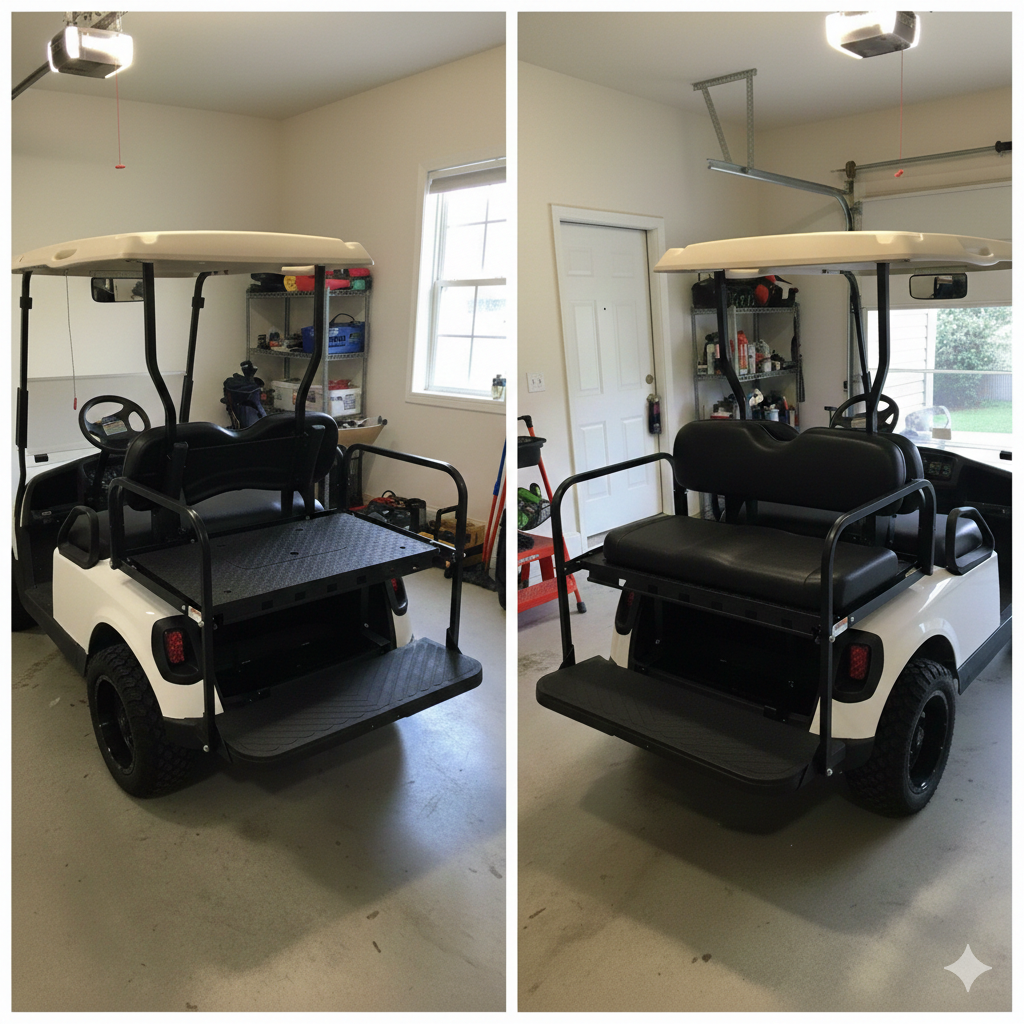 showing a flip seat in both passenger mode and converted to a cargo bed - golf cart rear seat kit