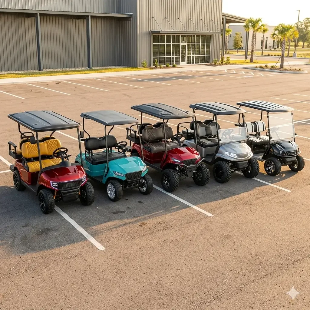 multiple different styles of E-Z-GO golf cart body kit installed on cart in parking lot outside of a warehouse 