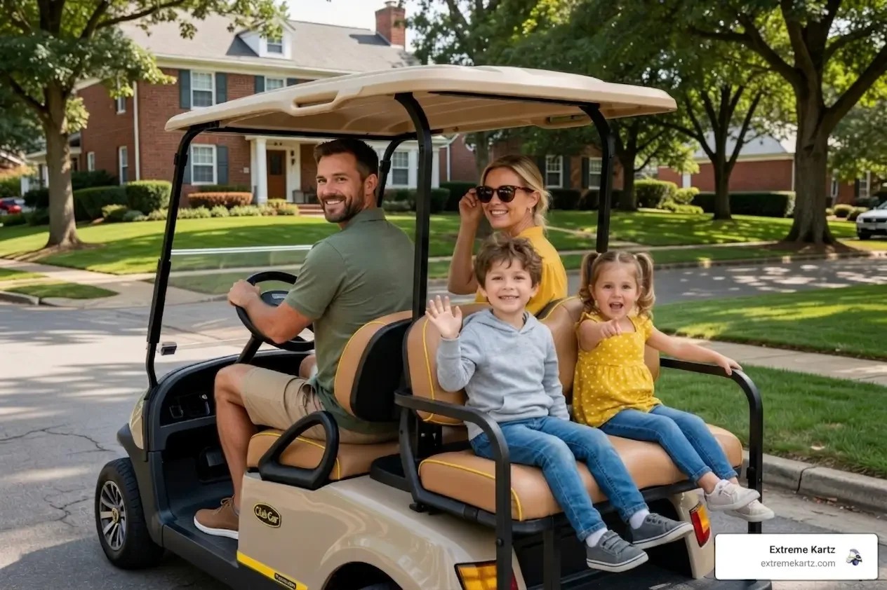 A family sitting comfortably in a golf cart with custom luxury tan seats and a rear flip kit