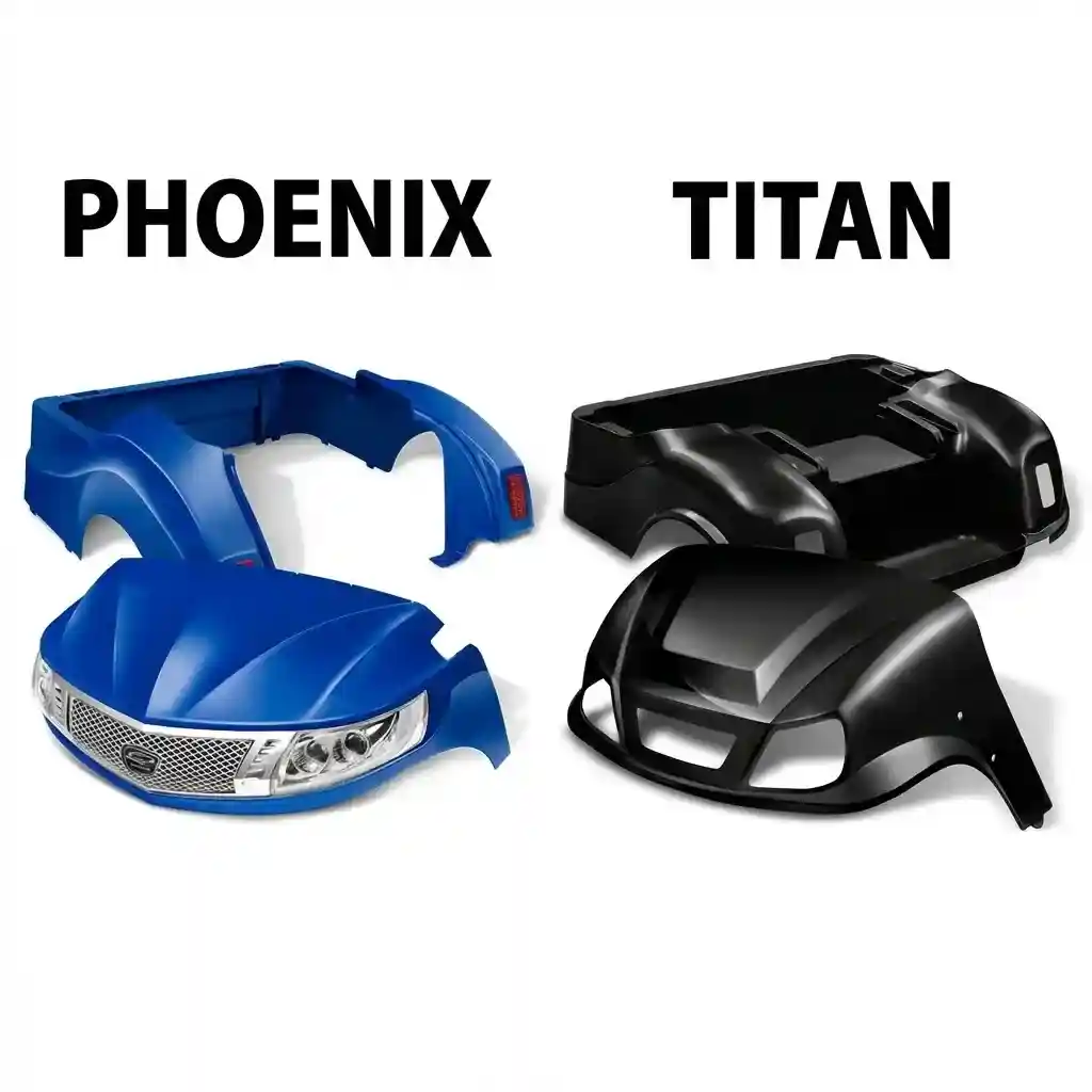 Infographic comparing stock EZGO TXT body versus DoubleTake Titan and Phoenix body kits, showing front and rear views with color options, included components, and key style differences - ezgo txt doubletake body kit infographic 