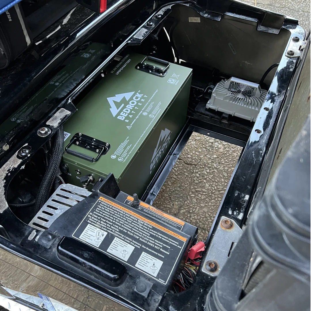 Bedrock lithium battery installed in an EZGO RXV battery tray Bedrock lithium battery installed in an EZGO RXV battery tray