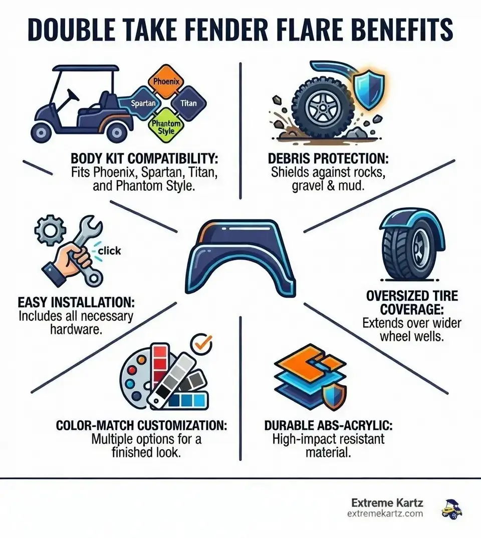 infographic showing Double Take fender flare benefits including debris protection, oversized tire coverage, durable ABS-acrylic construction, color-match customization options, easy installation with included hardware, and compatibility with Phoenix Spartan, phantom and Titan  Style body kits - Double Take fender flares infographic 