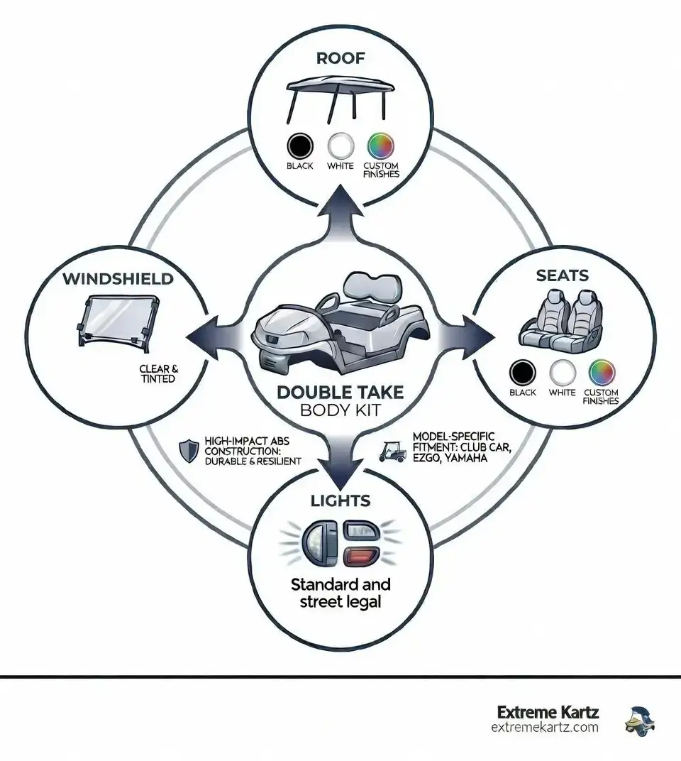 Infographic showing Double Take Color-Match System: Body Kit at center, with arrows pointing to Roof, Seats, Lights, and Windshield, all labeled with matching color options like Black, White, and custom finishes; includes note about ABS construction and model-specific fitment for Club Car Precedent, EZGO TXT/RXV, and Yamaha Drive models - Double Take golf cart infographic 
