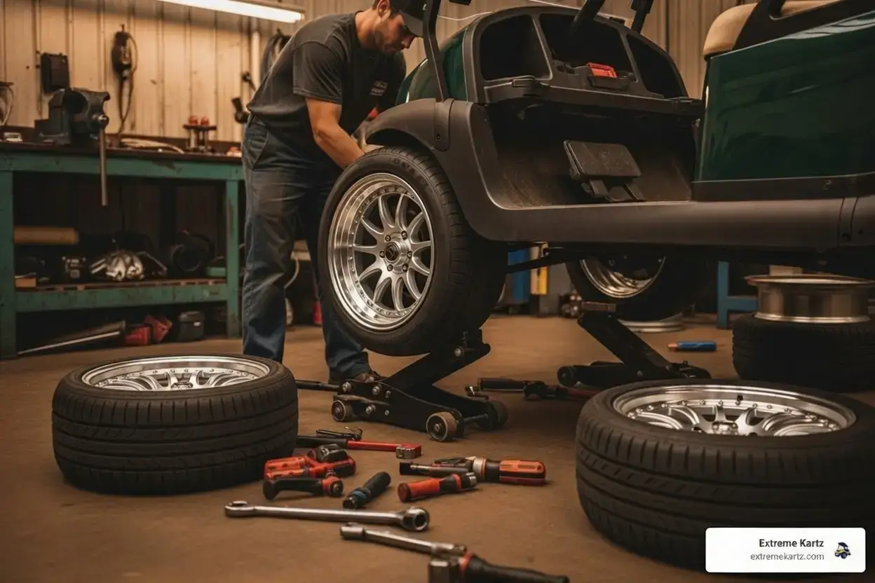 Mechanic in a shop installing a set of 12 inch machined aluminum wheels on a golf cart - golf cart tires and rims
