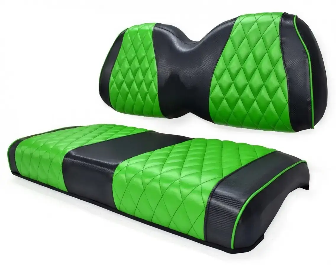 A close-up of high-quality marine-grade vinyl seat covers with detailed diamond stitching - custom golf cart seat covers
