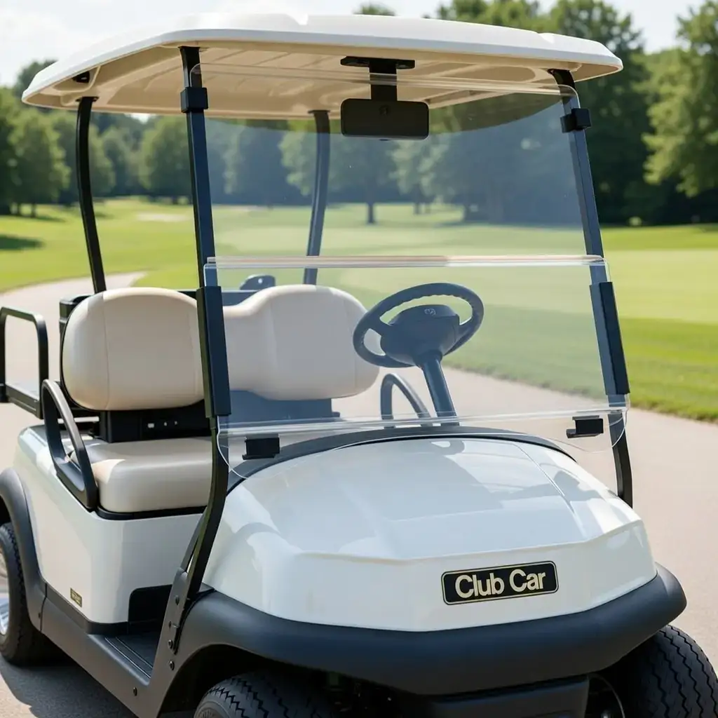 A visual comparison of golf cart frame designs. On the left, a Club Car DS front strut is shown with its distinctive vertical post design. On the right, a Club Car Precedent/Onward front strut is shown, highlighting a slightly different angle and attachment points. - club car golf cart windshield