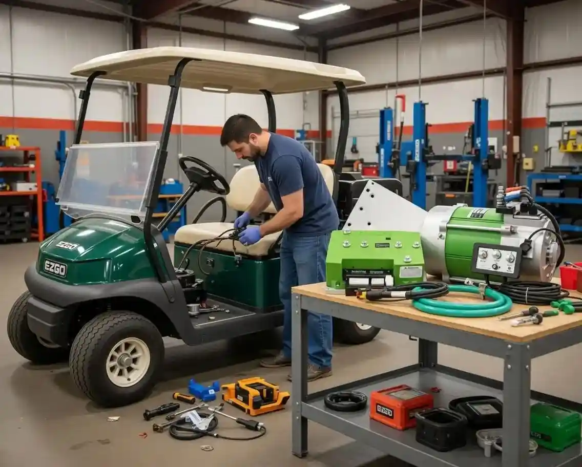 EZGO golf cart with performance upgrades in a garage - ezgo ac conversion kit