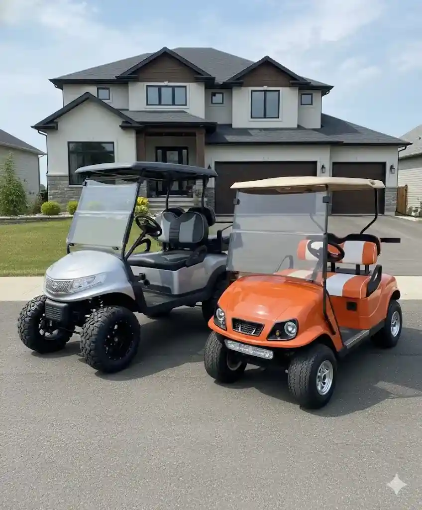EZGO TXT golf cart with custom body kit in driveway - ezgo txt doubletake body kit