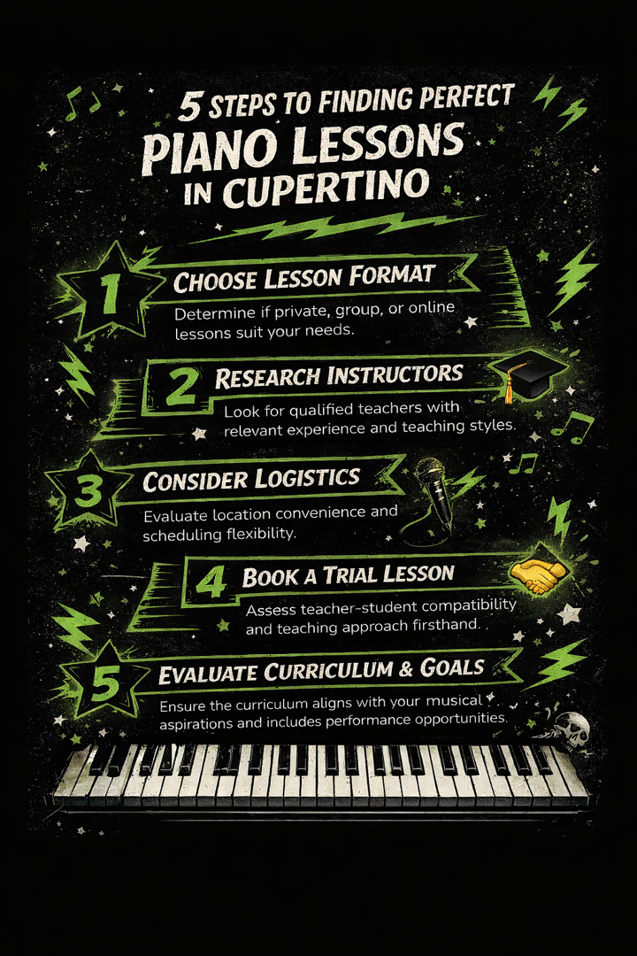 Infographic showing 5 key steps to finding perfect piano lessons in cupertino: 1. Determine lesson format (private, group, or online), 2. Research teacher qualifications and teaching style, 3. Consider location and scheduling flexibility, 4. Book a trial lesson to assess compatibility, 5. Evaluate curriculum approach and performance opportunities - piano lessons cupertino infographic infographic-line-5-steps-blues-accent_colors