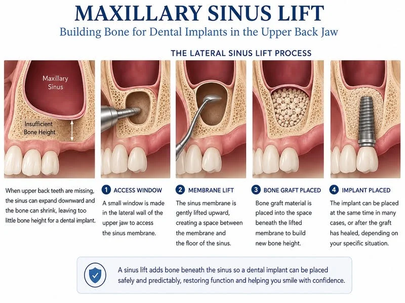 Infographic showing the sinus lift implant procedure steps, bone height requirements, healing timeline, and success rate