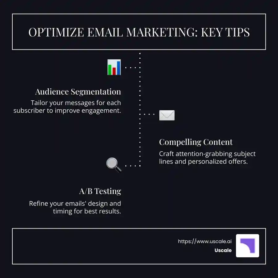 Infographic of email marketing ROI and engagement tactics, featuring sections on audience segmentation, personalization, and A/B testing, with visual improvements such as pie charts showing ROI percentages, bar graphs depicting engagement rates, and annotated email examples illustrating effective personalization strategies. - optimize email marketing infographic infographic-line-3-steps-dark