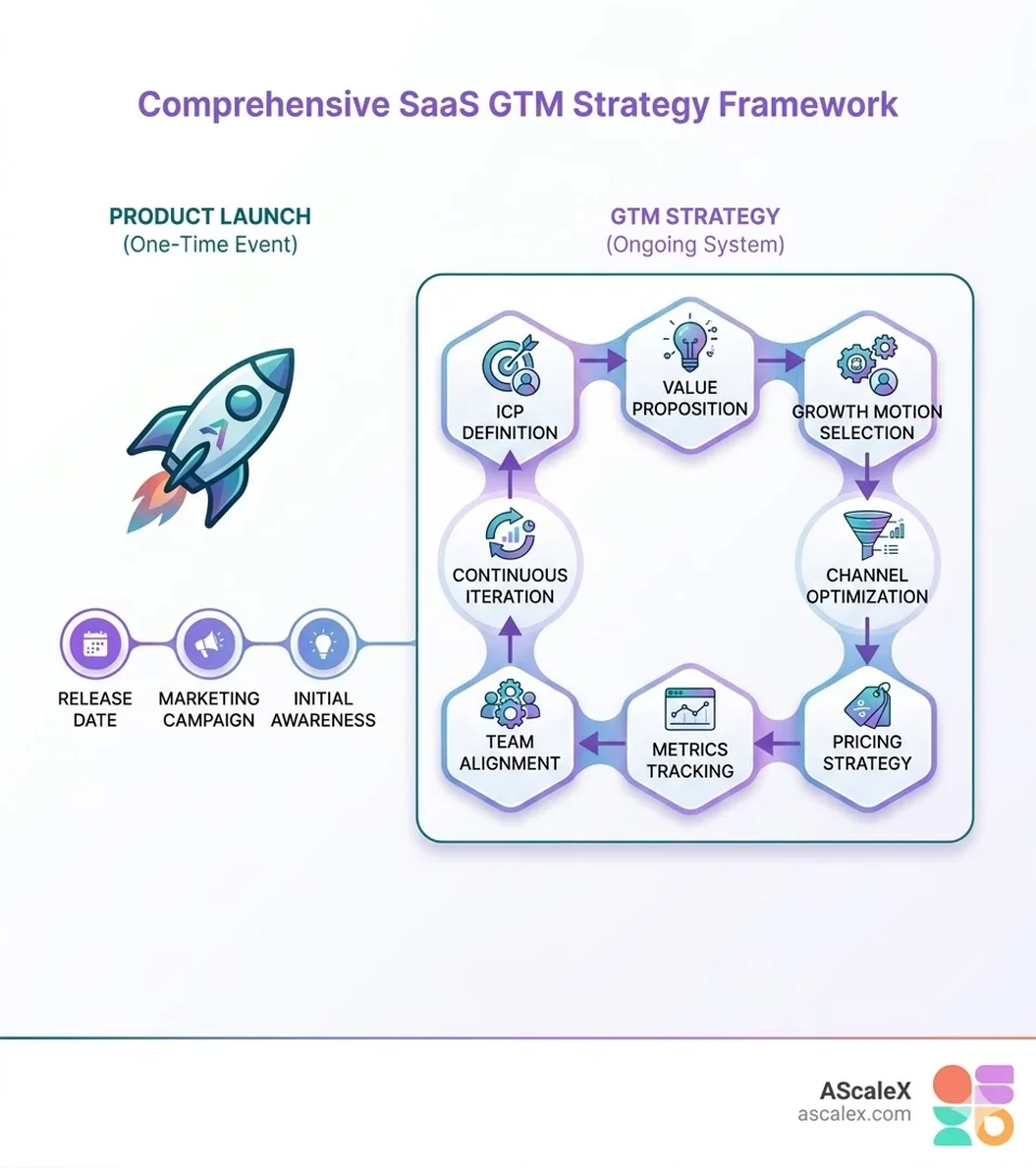 Comprehensive SaaS GTM Strategy Framework showing the key differences between a product launch (one-time event focused on release date, marketing campaign, and initial awareness) and a GTM strategy (ongoing system covering ICP definition, value proposition, growth motion selection, channel optimization, pricing strategy, team alignment, metrics tracking, and continuous iteration) - SaaS GTM strategy infographic 