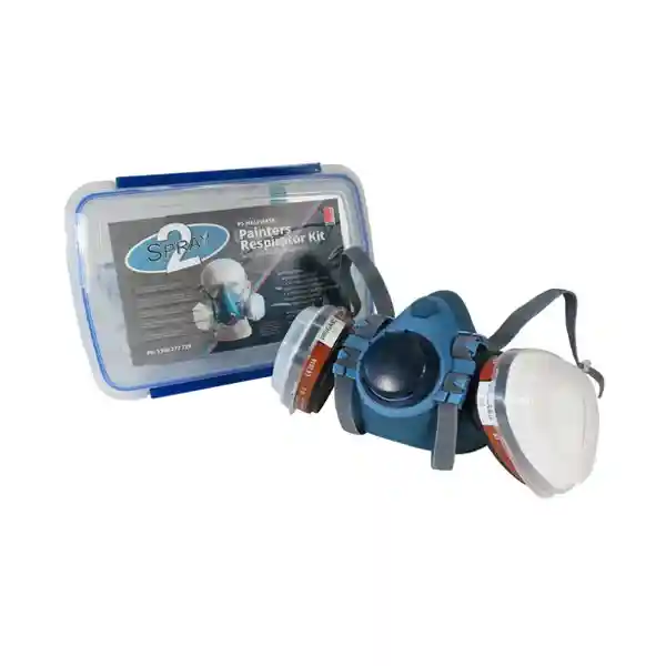 Half-face painters respirator kit with twin replaceable filters and storage case, essential for paint and vapour protection as PPE masks. Half-face painters respirator kit with twin replaceable filters and storage case, essential for paint and vapour protection as PPE masks.
