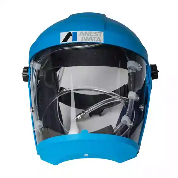 Close-up view of the blue Anest Iwata professional air-supplied painting helmet, an ideal choice for a positive-pressure airfed mask.