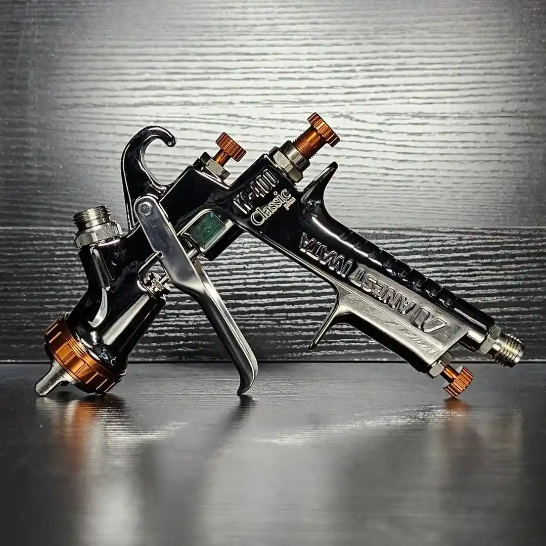 The Anest Iwata WS-400 Classic, widely considered a good automotive paint gun for precision application in an auto body shop.