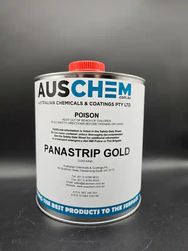 Safety-focused image of Auschem Panastrip Gold paint stripper, clearly highlighting the strict usage directions and POISON label requirements.
