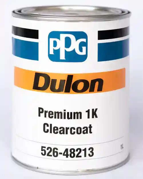 Close-up of a Dulon Premium 1K Clearcoat tin by PPG, an example of one of the available types of clearcoat used for automotive refinishing.