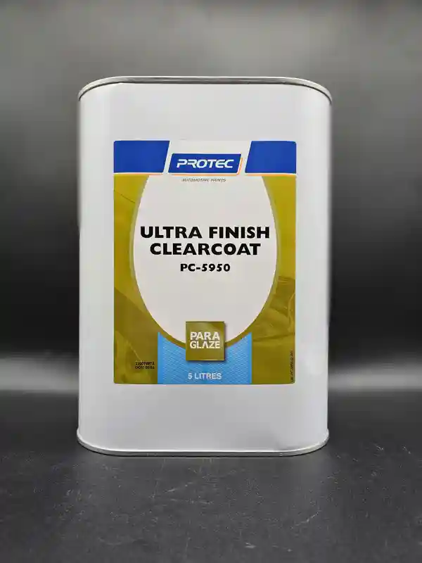Close-up of a 5-litre tin of Protec Ultra Finish Clearcoat PC-5950, a high-quality, professional-grade clear coat for automotive applications.