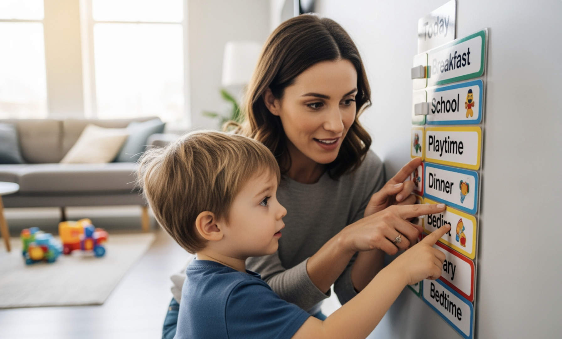 Parent and child using a visual schedule board - dysregulated behavior examples Parent and child using a visual schedule board - dysregulated behavior examples
