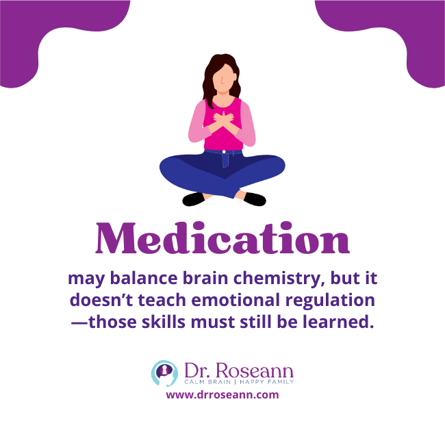 Illustration showing that while medications like Adderall help, emotional regulation skills must be learned.