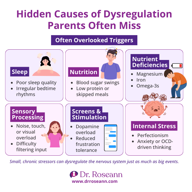 Graphic showing lifestyle causes of emotional dysregulation including poor sleep, nutrition, and sensory overload.