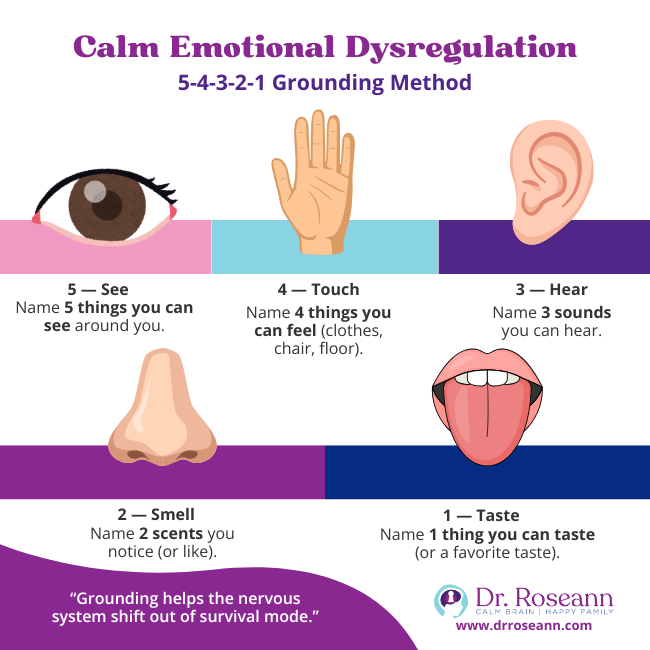 How to Calm Emotional Dysregulation: 5-4-3-2-1 Grounding Method Grounding method for calming emotional dysregulation using senses.
