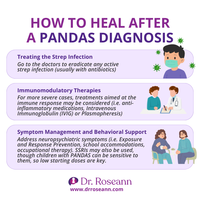 An infographic outlining the 3 pillars of healing after a PANDAS diagnosis: Treating the Strep Infection, Immunomodulatory Therapies, and Symptom Management/Behavioral Support. An infographic outlining the 3 pillars of healing after a PANDAS diagnosis: Treating the Strep Infection, Immunomodulatory Therapies, and Symptom Management/Behavioral Support.