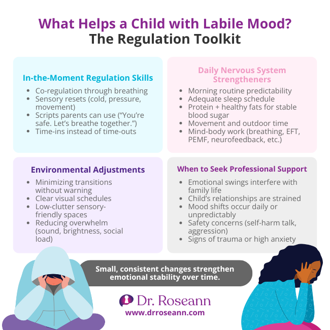 Infographic listing a toolkit for children who are labile in mood, focusing on In-the-Moment Regulation Skills (co-regulation, sensory resets), Daily Nervous System Strengtheners (sleep, protein, movement), and Environmental Adjustments.