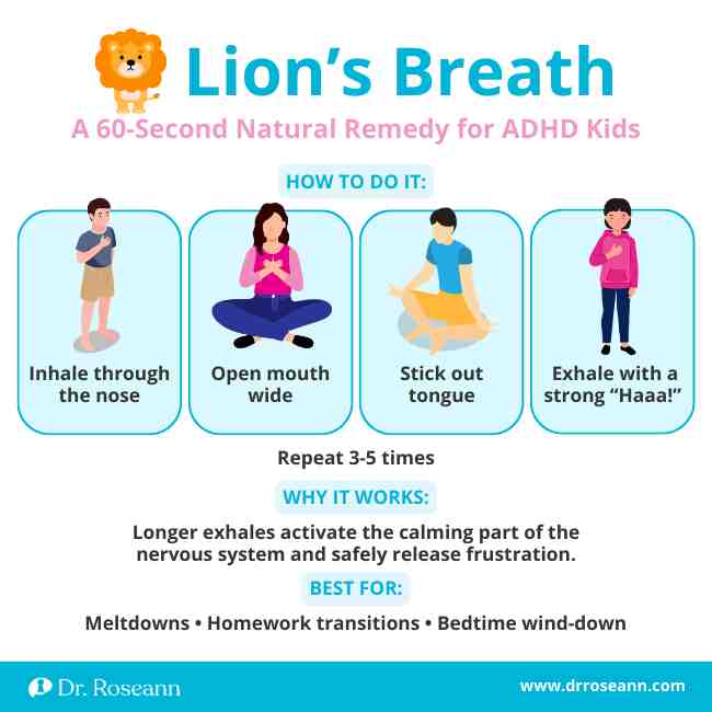 Infographic for Lion's Breath, one of the natural remedies ADHD kids use for calming.