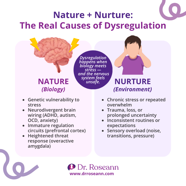 Infographic explaining biological and environmental causes of emotional dysregulation.