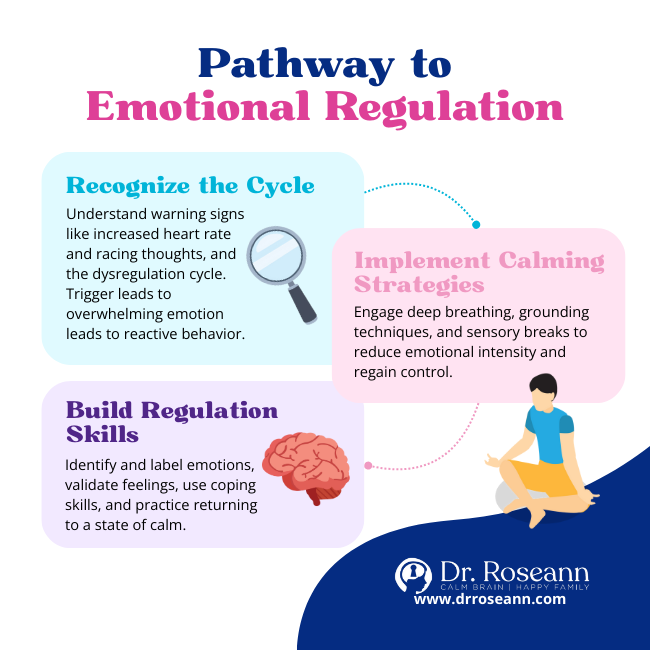 user-inserted Infographic showing the 3-step Pathway to Emotional Regulation: Recognize the Cycle (triggers/warning signs), Implement Calming Strategies (deep breathing/grounding), and Build Regulation Skills (coping skills), demonstrating how to manage emotional dysregulation.