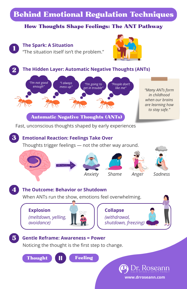 Infographic showing emotional regulation techniques for managing automatic negative thoughts.
