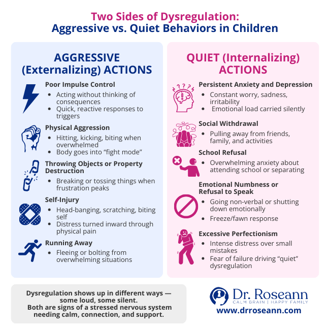 user-inserted Infographic showing the "Two Sides of Dysregulation," listing Aggressive (Externalizing) dysregulated behavior examples (poor impulse control, physical aggression, throwing objects) and Quiet (Internalizing) dysregulated behavior examples (persistent anxiety, social withdrawal, school refusal, emotional numbness).