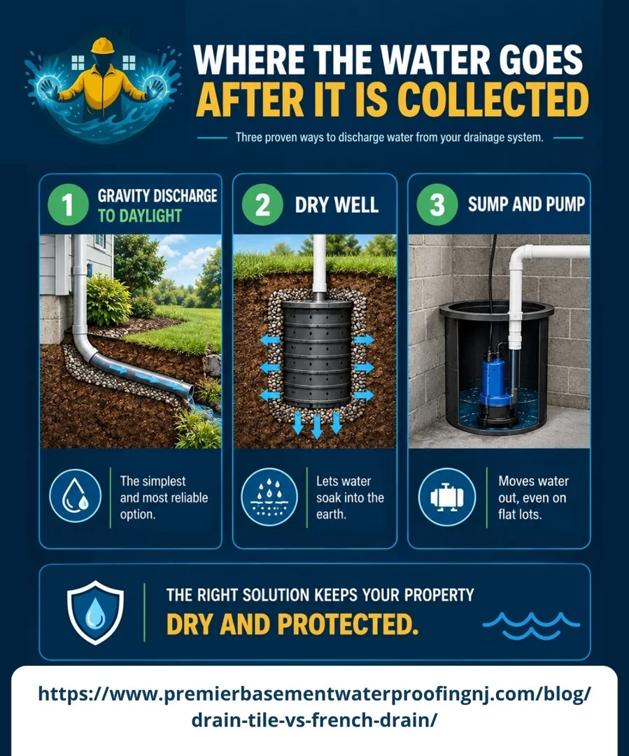 user-inserted Drainage discharge methods for New Jersey homes, illustrating drain tile vs French drain options.