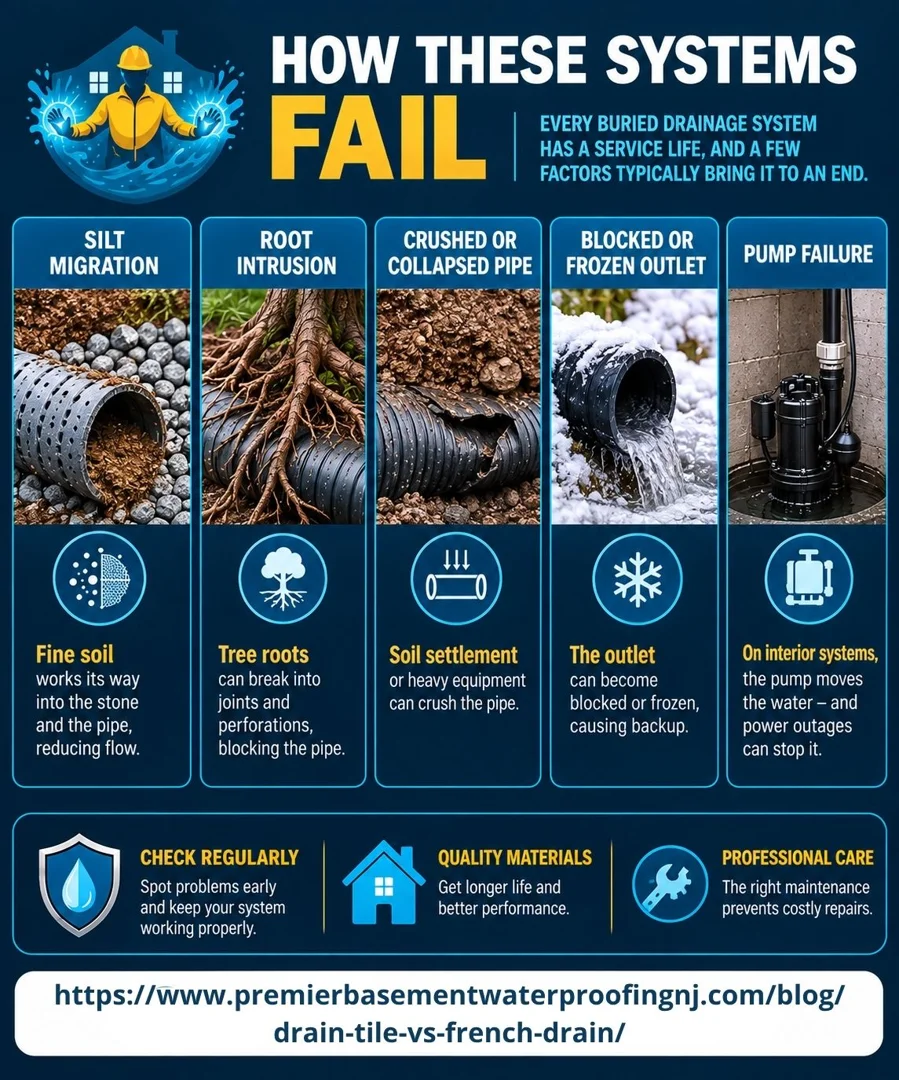 user-inserted Drainage system failures: silt migration, root intrusion, and crushed pipes impacting home drainage.