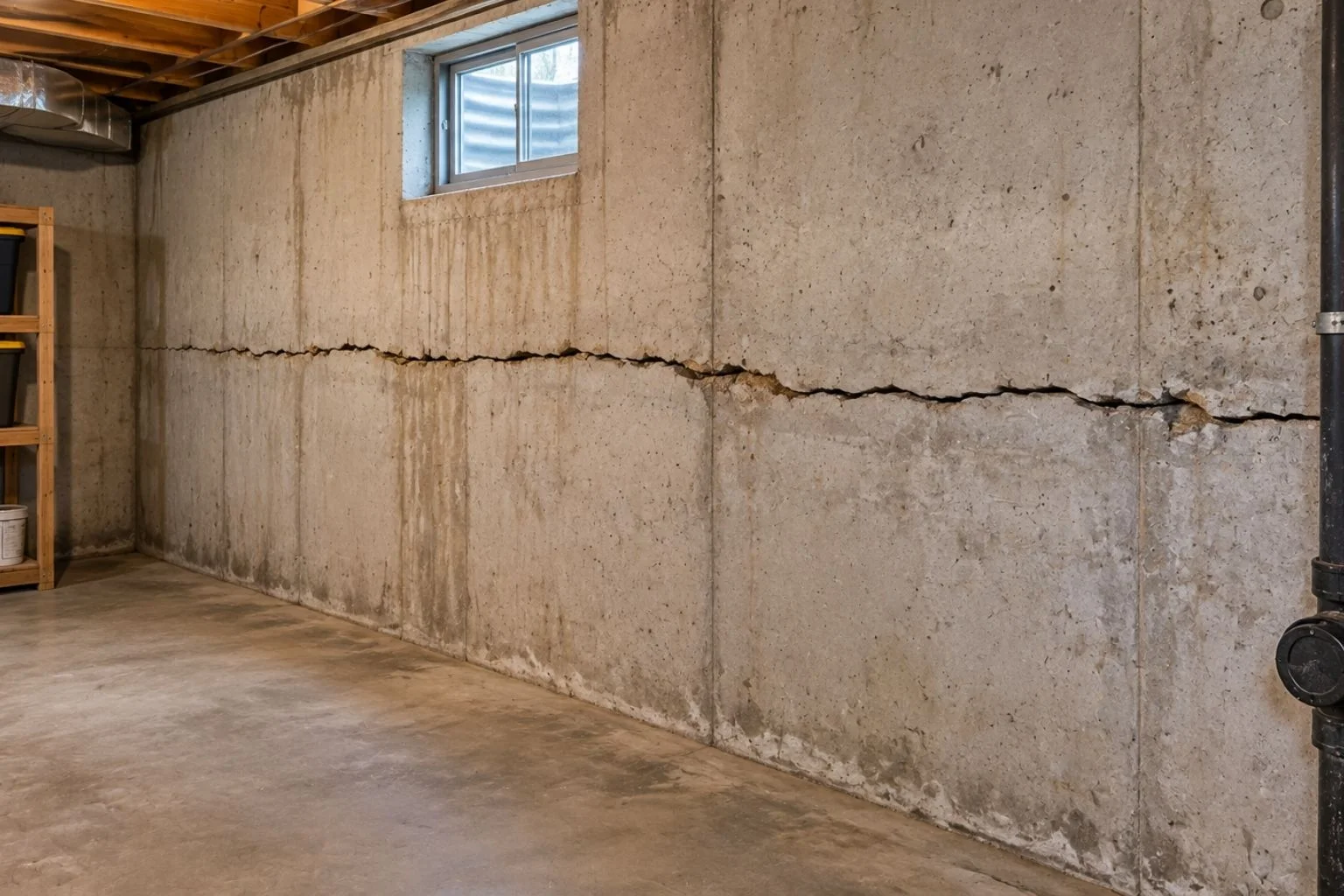 Horizontal foundation crack in a basement wall, indicating potential structural issues.