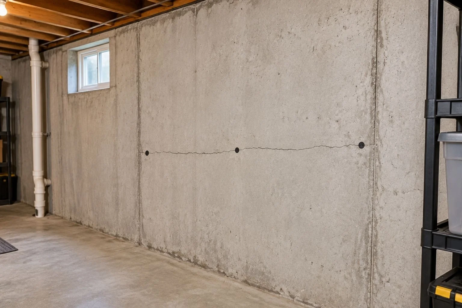 Measuring a horizontal foundation crack in a basement wall.