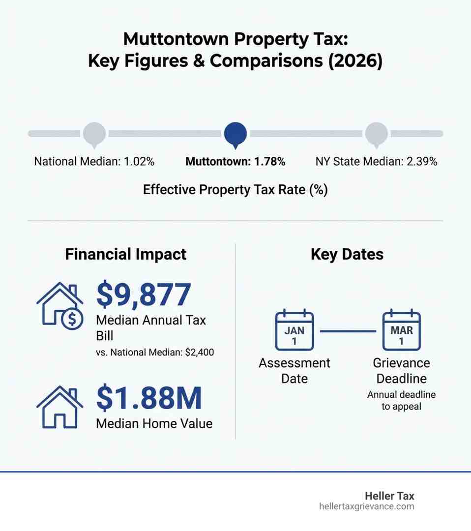 Infographic comparing Muttontown's 1.78% effective property tax rate with a breakdown showing it sits between the national median of 1.02% and New York state median of 2.39%, alongside the median annual tax bill of $9,877 versus the national median of $2,400, and the median home value of $1.88M with key dates including the January 1st assessment date and April 1st grievance deadline - Muttontown property tax infographic Infographic comparing Muttontown's 1.78% effective property tax rate with a breakdown showing it sits between the national median of 1.02% and New York state median of 2.39%, alongside the median annual tax bill of $9,877 versus the national median of $2,400, and the median home value of $1.88M with key dates including the January 1st assessment date and April 1st grievance deadline - Muttontown property tax infographic