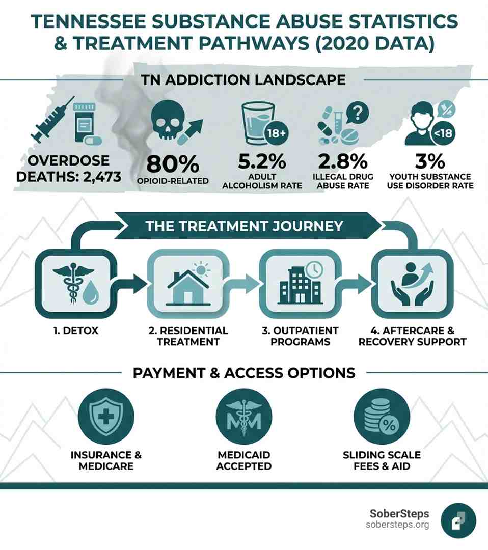 Infographic showing Tennessee drug addiction statistics: In 2020, Tennessee had 2,473 drug overdose deaths with a rate of 36.2 per 100,000 people, rising to over 45 per 100,000 in recent years. Opioids accounted for 80% of overdose deaths. 5.2% of Tennessee adults struggle with alcoholism, 2.8% have abused illegal drugs. Over 3% of youth under 18 battle substance use disorders, and 1.6% face alcohol abuse issues. Treatment options include Medical Detox, Residential Treatment, PHP, IOP, Outpatient Care, and Sober Living. Payment options include Insurance, Medicaid, Medicare, and Sliding Scale fees. For help, call (844) 491-5566 - drug rehab sevier county tn infographic brainstorm-6-items
