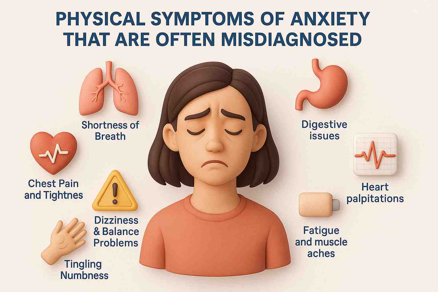 Person experiencing anxiety, showing signs like a racing heart and tense muscles - Anxiety Disorders