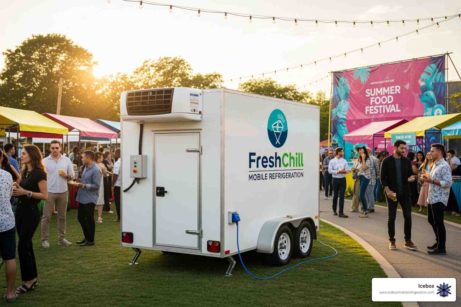 fresh produce neatly arranged inside a clean, well-lit mobile cooler trailer - climate controlled shipping container