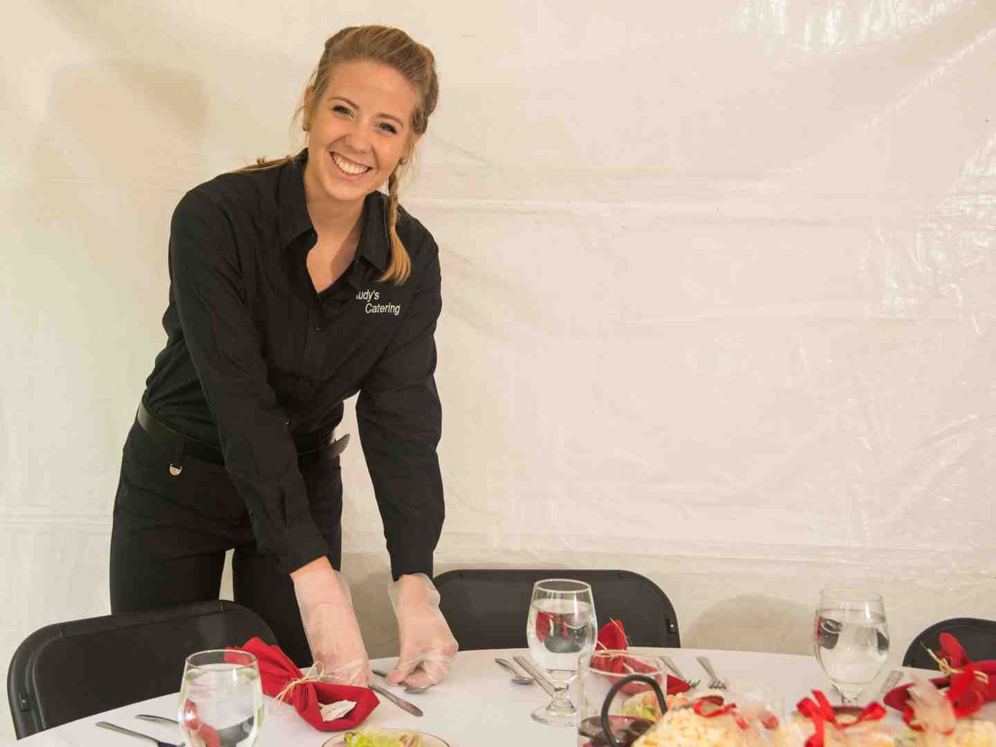 Rudy's Smokehouse staff setting up a buffet at a wedding reception in Xenia, OH. - catering xenia oh